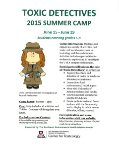 Flyer for University of Arizona College of Pharmacy Center for Toxicology's 2015 summer camp, Toxic Detectives