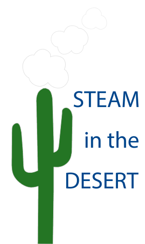 Green saguaro with clouds of steam above it, with words STEAM in the Desert